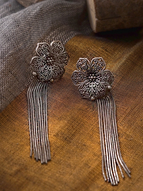 

TEEJH Silver-Toned Floral Oxidised Drop Earrings
