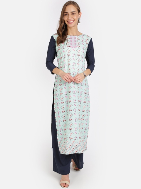 

SAADHVI Women Green & Navy Blue Floral Printed Crepe Kurta