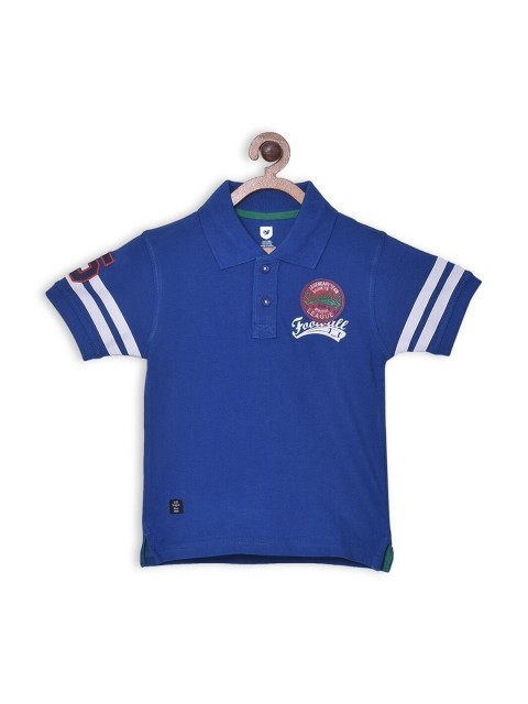 

612 league Boys Blue & White Typography Printed Polo Collar Applique T-shirt