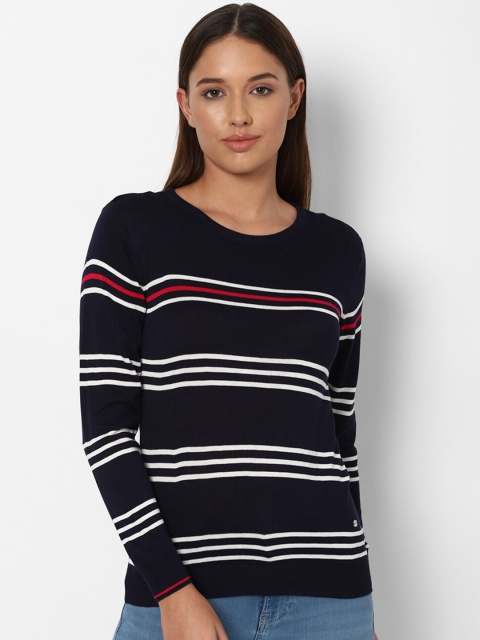 

Allen Solly Woman Navy Blue & White Striped Acrylic Regular Top