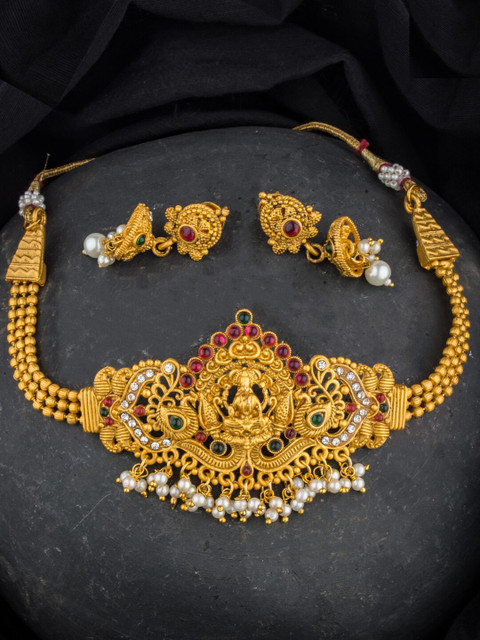 

Alankruthi Gold-Plated Pink & Green Stone-Studded & Beaded Temple Jewellery Set
