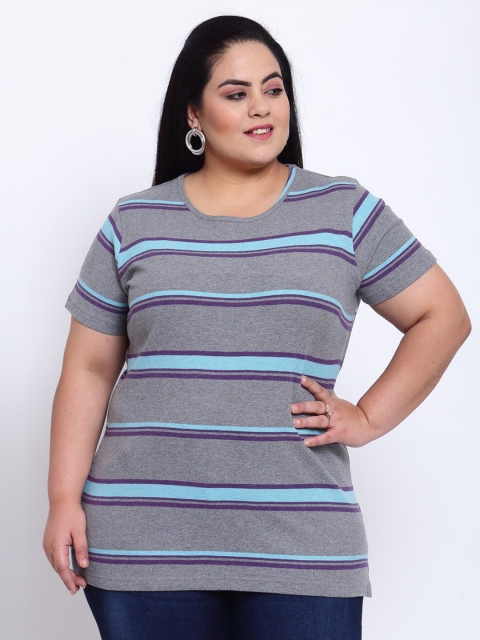 

plusS Women Grey & Turquoise Blue Striped T-shirt