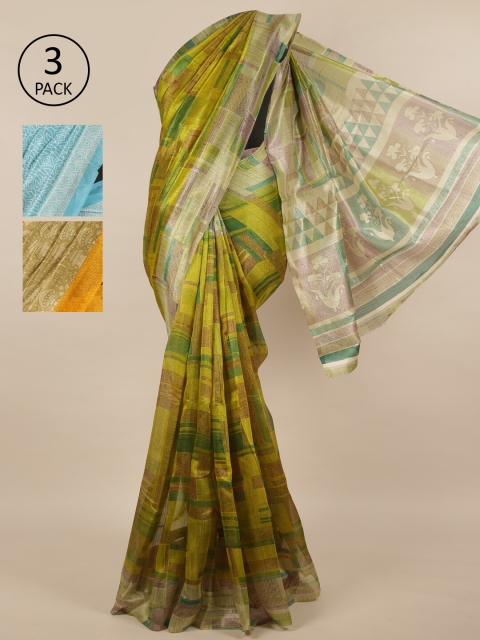 

Pothys Pack of 3 Ethnic Motifs Jute Silk Sarees, Green