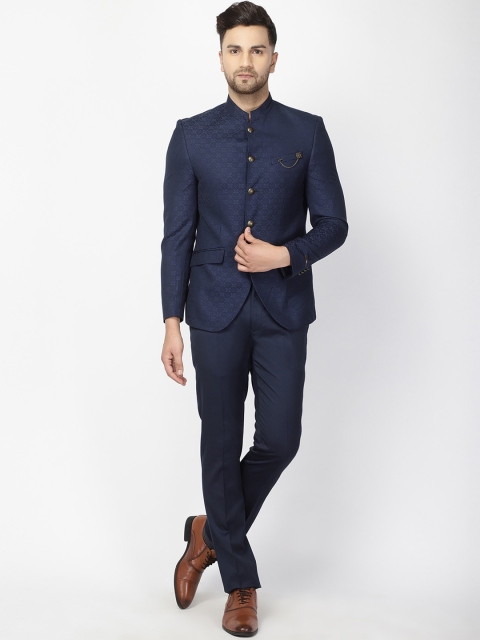 

Blackberrys Men Navy Blue Self-Design Slim-Fit Bandhgala 2-Piece Formal Suit