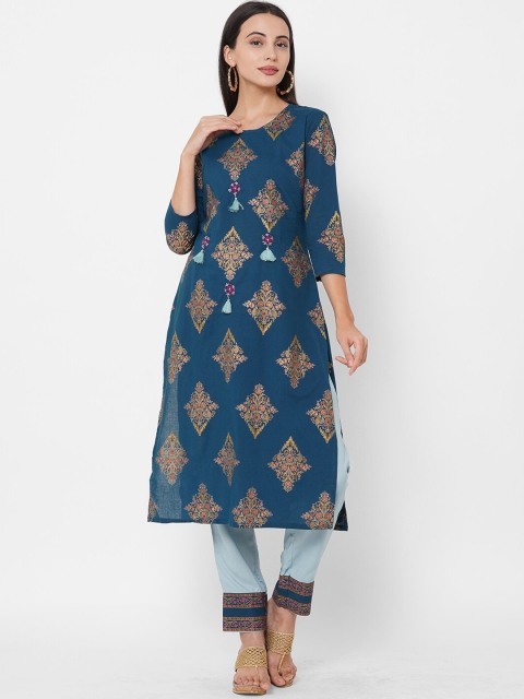 

FASHOR Women Teal Printed Pure Cotton Kurta with Trousers