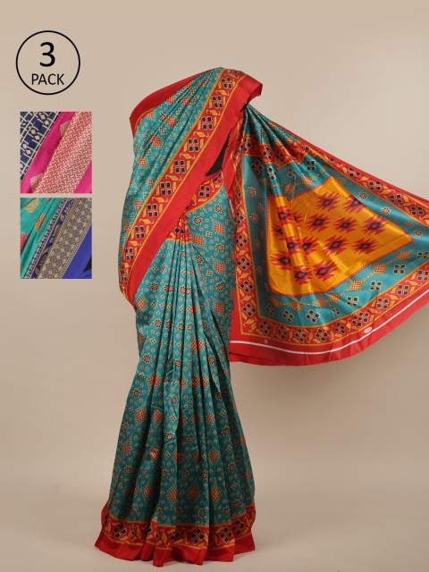 

Pothys Pack of 3 Ethnic Motifs Jute Silk Sarees, Blue