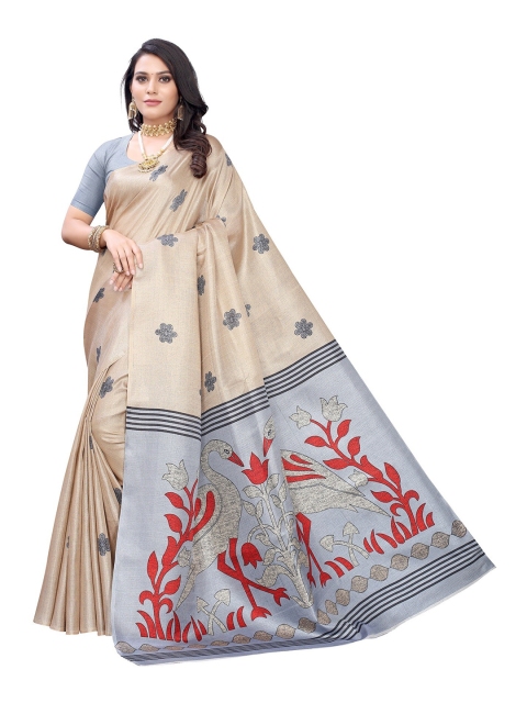 

KALINI Beige & Grey Floral Art Silk Saree