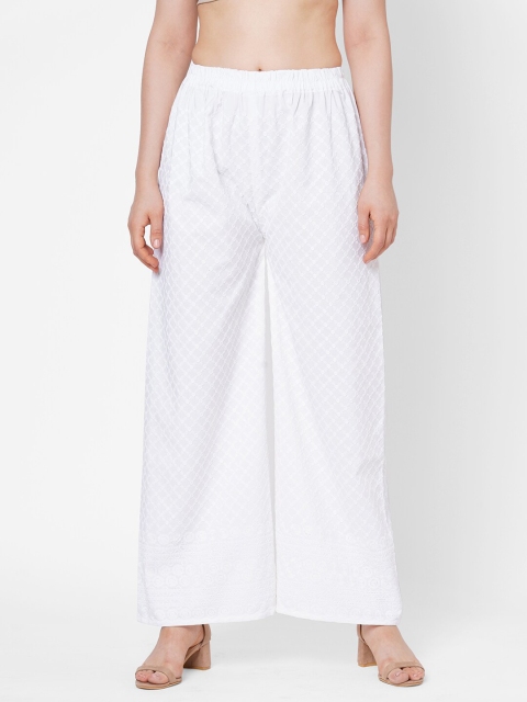 

RedRound Women White Ethnic Motifs Embroidered Chikankari Cotton Wide Leg Palazzos