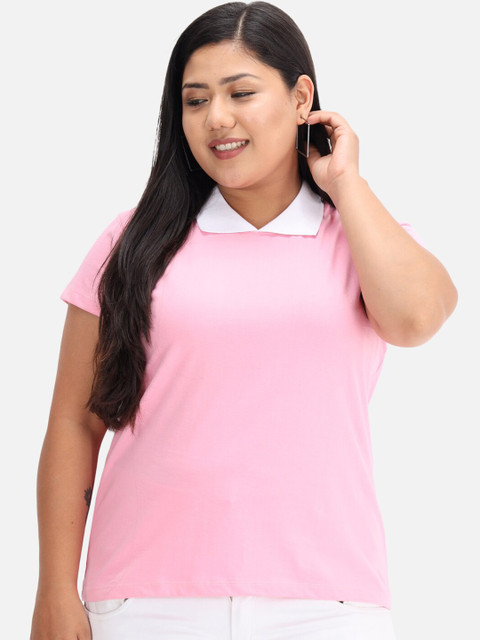 

BEYOUND SIZE - THE DRY STATE Women Pink Polo Collar Cotton T-shirt