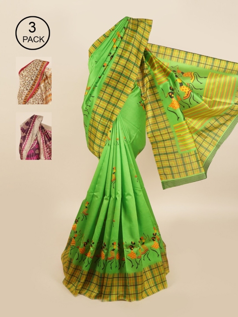 

Pothys Pack of 3 Ethnic Motifs Jute Silk Sarees, Green