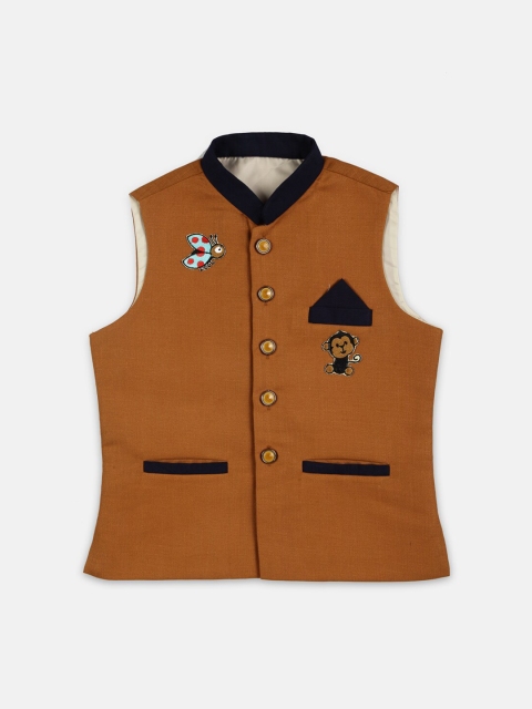 

MAXENCE Boys Brown & Navy blue Solid Linen Nehru Jacket