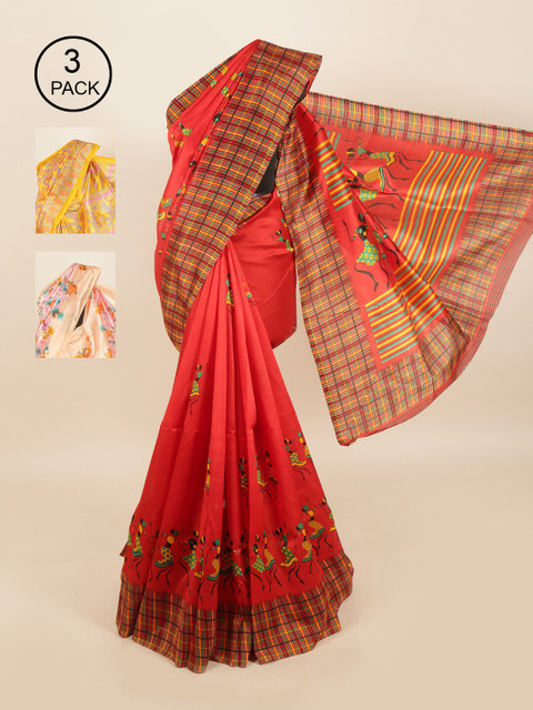 

Pothys Pack of 3 Ethnic Motifs Jute Silk Sarees, Red