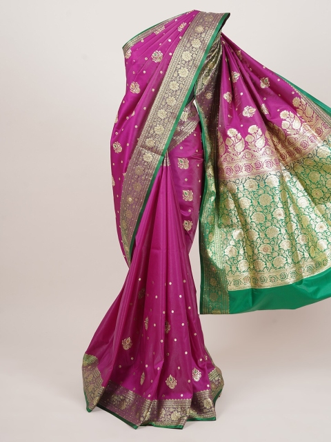 

Pothys Purple & Gold-Toned Ethnic Motifs Zari Art Silk Banarasi Saree