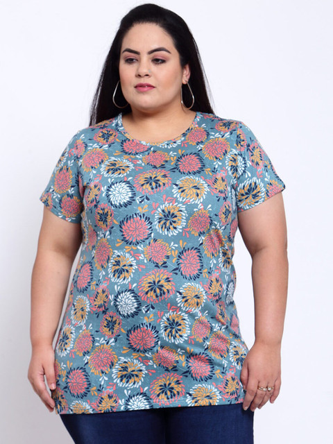

plusS Women Blue Floral Printed T-shirt