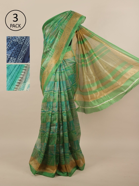 

Pothys Pack of 3 Ethnic Motifs Jute Silk Sarees, Green