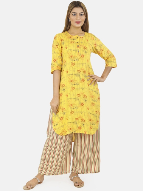 

NEUDIS Women Yellow Floral Printed Flared Sleeves Thread Work Kurta
