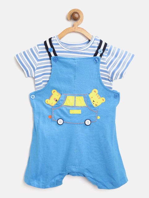 

Nauti Nati Boys White & Blue Striped Cotton T-shirt & Dungaree Short