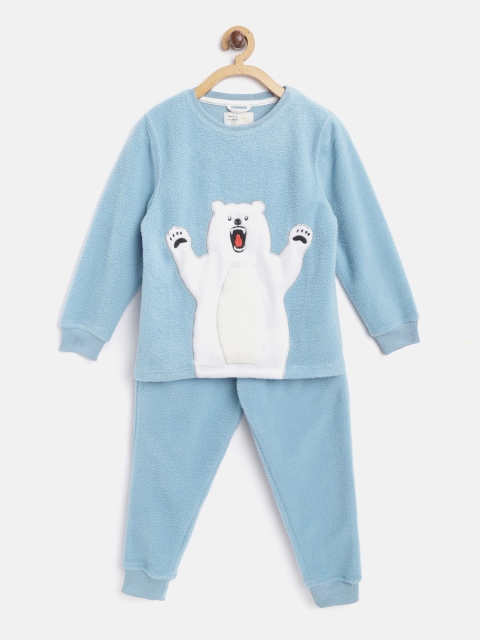 

Cherry Crumble Unisex Kids Blue & White Applique Printed Night suit