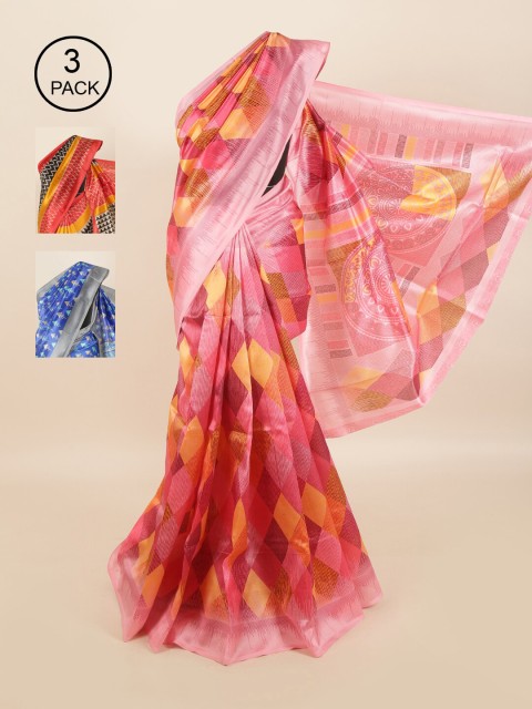 

Pothys Pack of 3 Ethnic Motifs Jute Silk Sarees, Blue