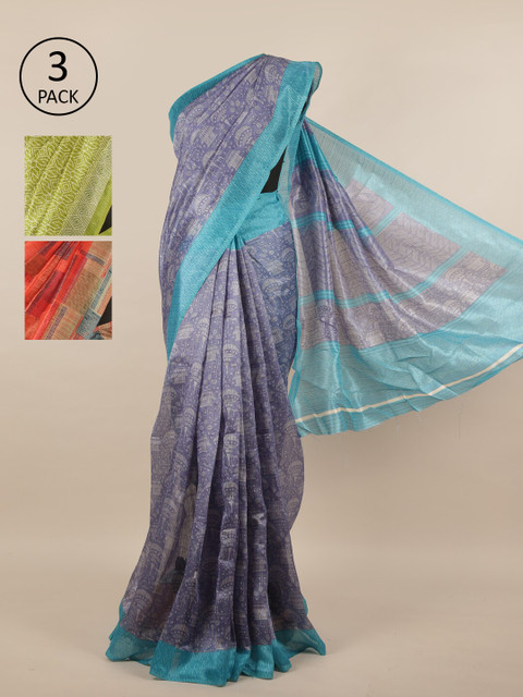 

Pothys Pack of 3 Ethnic Motifs Jute Silk Sarees, Blue