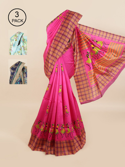 

Pothys Pack of 3 Ethnic Motifs Jute Silk Sarees, Pink