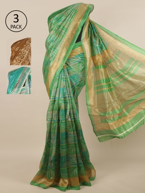 

Pothys Pack of 3 Ethnic Motifs Jute Silk Sarees, Green