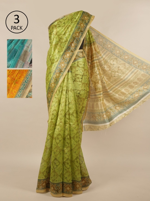 

Pothys Pack of 3 Ethnic Motifs Jute Silk Sarees, Green
