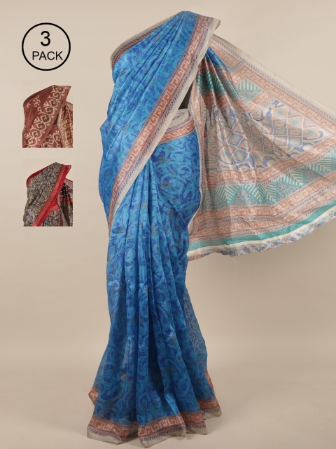

Pothys Pack of 3 Ethnic Motifs Jute Silk Sarees, Blue