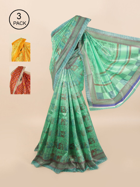 

Pothys Pack of 3 Ethnic Motifs Jute Silk Sarees, Green