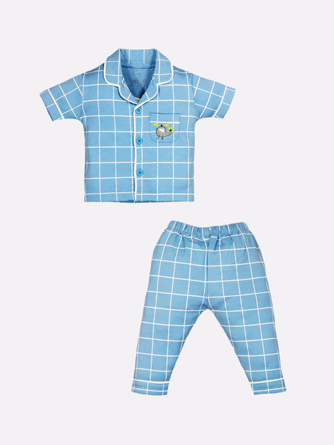 

BABY GO Kids Blue & White Checked Pure Cotton Pyjamas Set