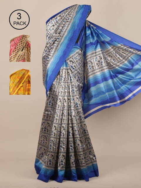 

Pothys Pack Of 3 Floral Jute Silk Sarees, Off white