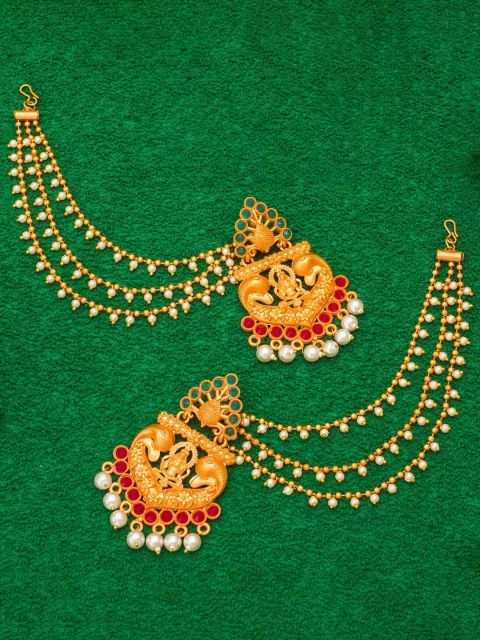 

aadita Gold-Toned Oval Chandbalis Earrings with Hair Chain