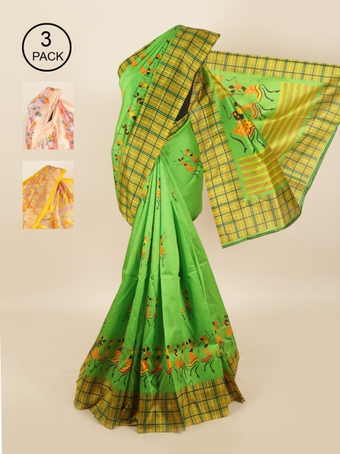 

Pothys Pack of 3 Ethnic Motifs Jute Silk Sarees, Green