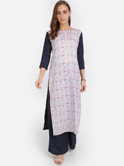 

SAADHVI Women Grey Floral Printed Crepe Kurta, Blue
