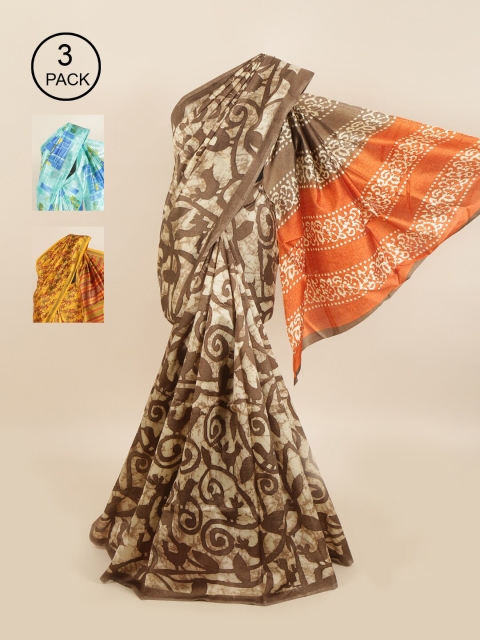 

Pothys Pack of 3 Ethnic Motifs Jute Silk Sarees, Grey