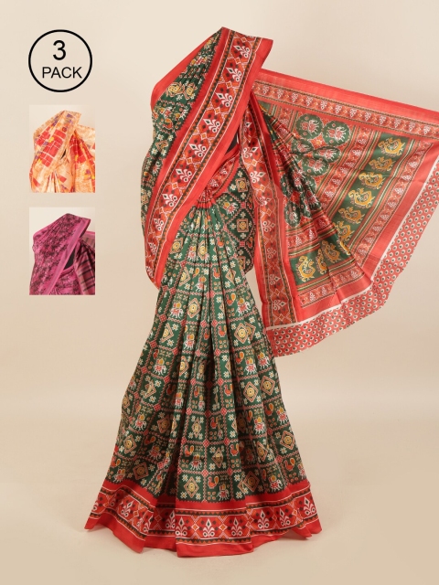 

Pothys Pack of 3 Ethnic Motifs Jute Silk Sarees, Green