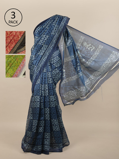 

Pothys Pack of 3 Ethnic Motifs Jute Silk Sarees, Blue
