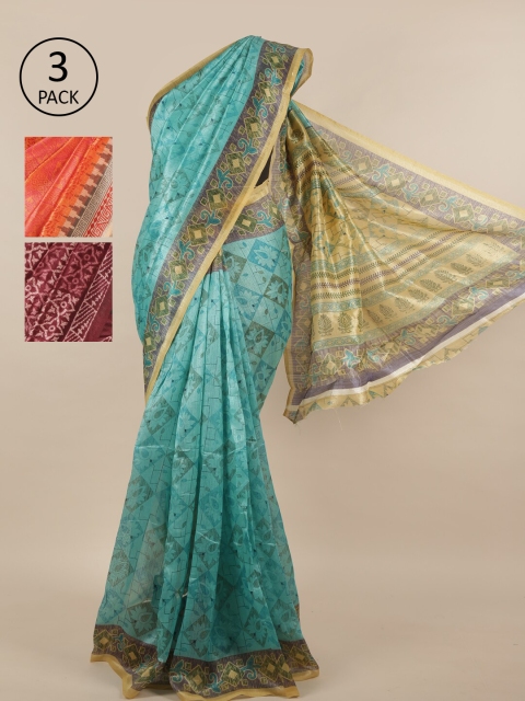 

Pothys Pack of 3 Ethnic Motifs Jute Silk Sarees, Blue