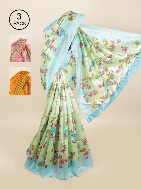 

Pothys Pack of 3 Ethnic Motifs Jute Silk Sarees, Green