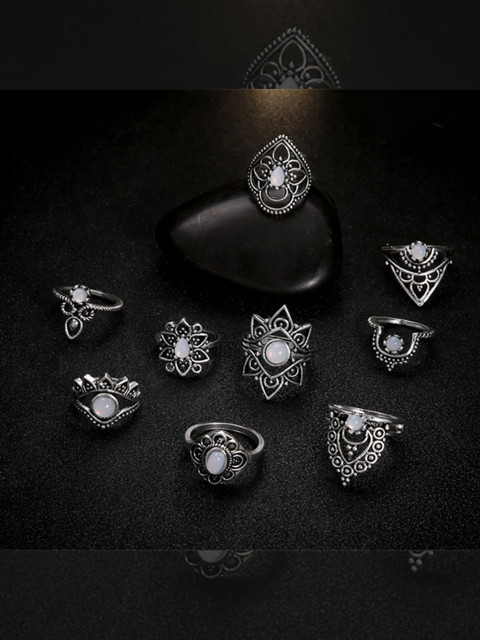 

YoungWildFree Set Of 9 Silver-Plated & White Stone-Studded Luxury Charms Pretty Design Finger Rings