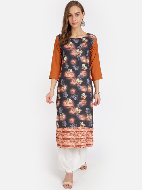 

SAADHVI Women Brown & Black Floral Printed Crepe Kurta