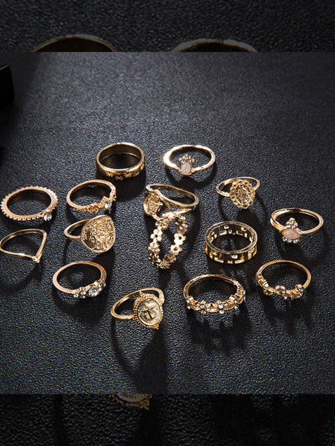 

YoungWildFree Set Of 15 Gold-Plated & White Stone-Studded Luxury Charms Pretty Design Finger Rings