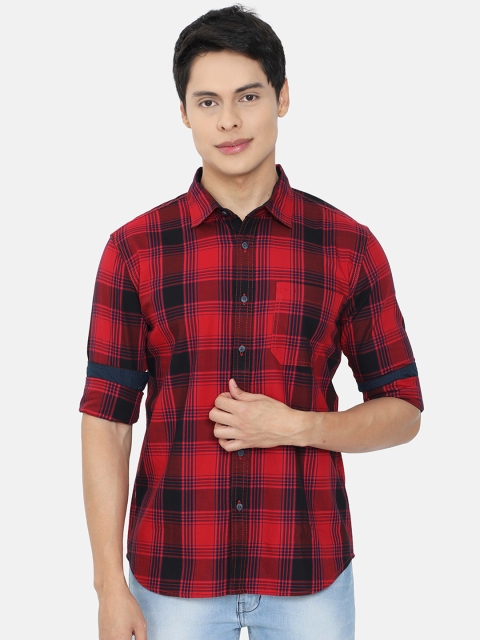 HERE&NOW Men Red Slim Fit Tartan Checks Checked Casual Shirt