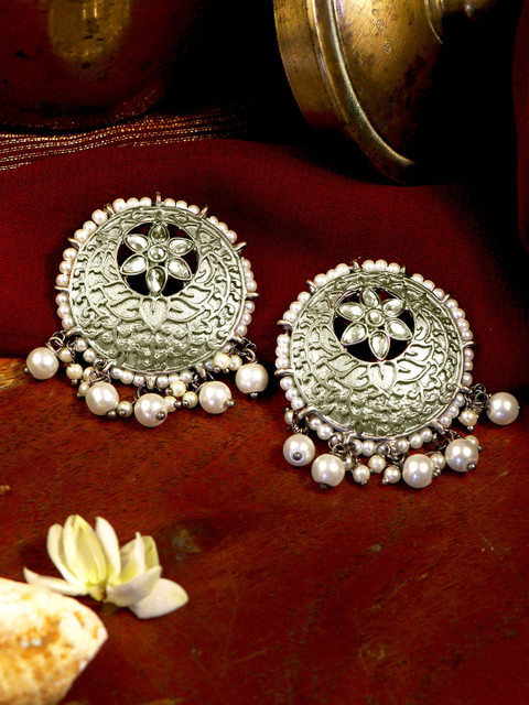 

TEEJH Silver-Toned Circular Antique Studs Earrings
