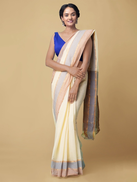 

Unnati Silks Beige & Grey Zari Pure Cotton Mangalagiri Saree