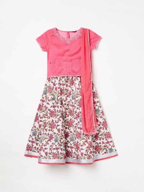 

Melange by Lifestyle Girls Pink & Off White Embellished Ready to Wear Lehenga & Blouse With Dupatta