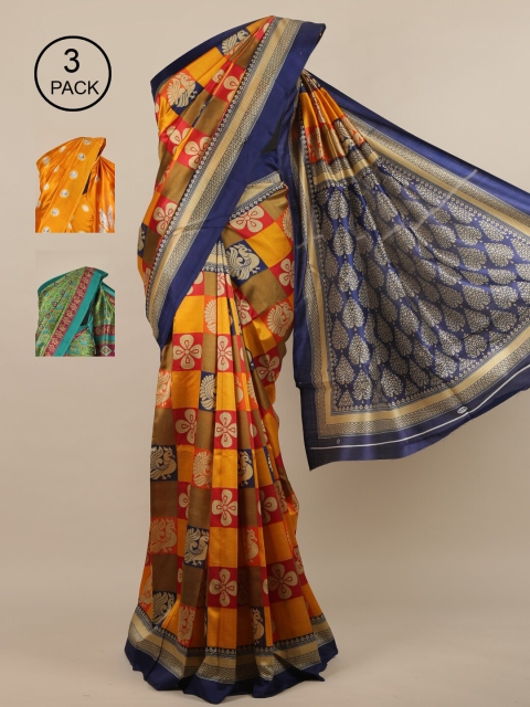 Pothys Pack of 3 Ethnic Motifs Jute Silk Sarees, Yellow