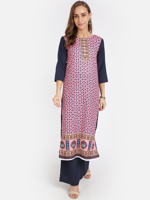 

SAADHVI Women Pink & Blue Ethnic Motifs Printed Crepe Kurta