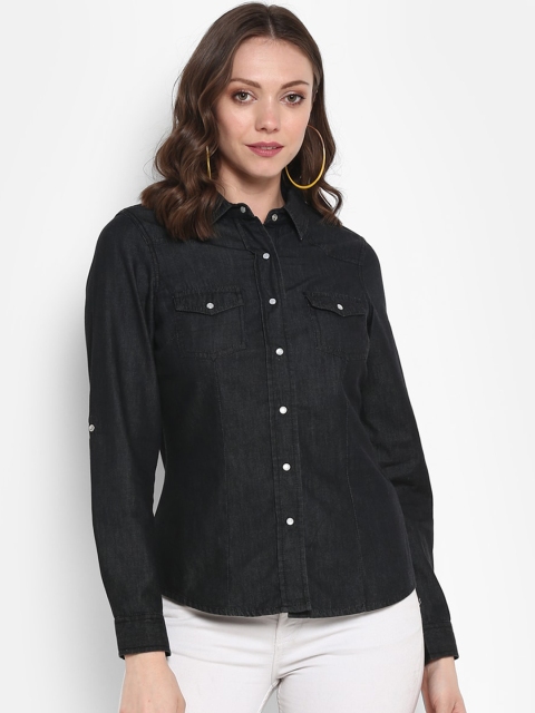 FOSH Women Black Cotton Denim Casual Shirt