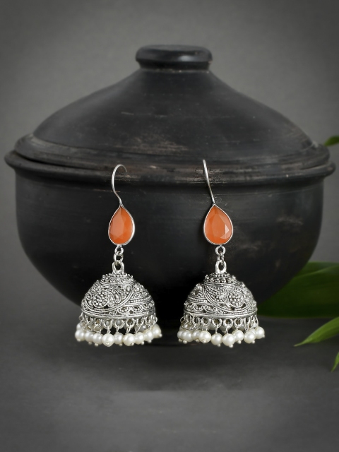 

Silvermerc Designs Silver-Plated & Orange Stone Studded Dome Shaped Jhumkas Earrings